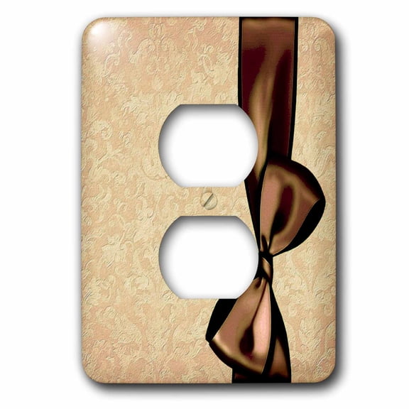 3dRose, Rich brown faux satin bow on tan grunge damask background, 2 plug outlet cover