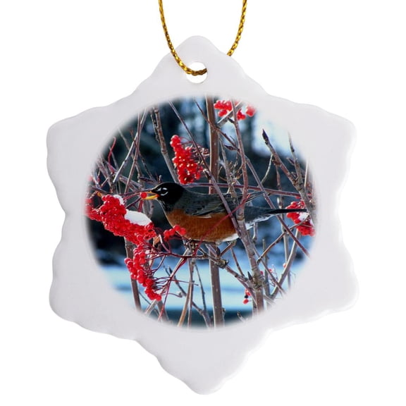 3dRose, Robin in the Mountain Ash Tree 2, 3 inch Snowflake Porcelain Ornament