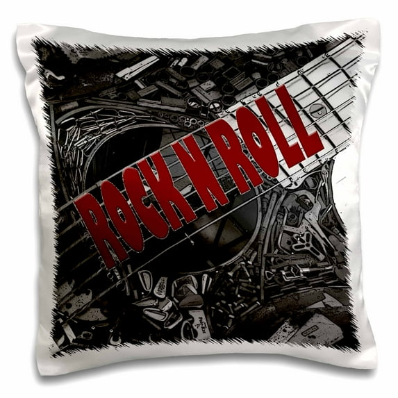 3drose, Rock and Roll Written in Bold Red on a Black and White Guitar, 16x16 inch Pillow Case