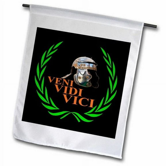 3dRose, Roman helmet, green laurel wrath, Veni, Vidi, Vici on black, 18 x 27 inch Garden Flag