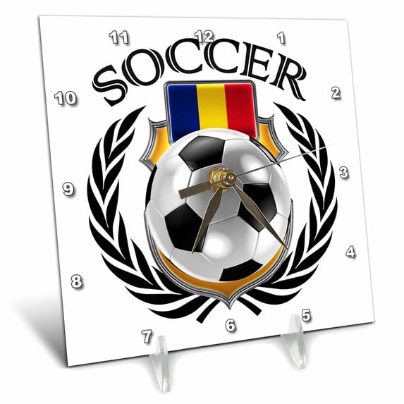 3dRose, Romania Soccer Ball with Fan Crest, 6x6 Desk Clock