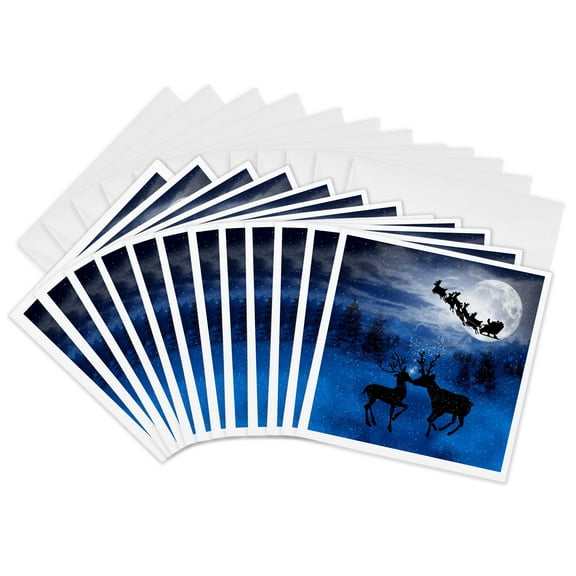 3drose, Romantic Christmas Reindeer Kissing in the Snow with a Winter Moon Shining on the Forest, 12 Greeting Cards with Envelopes