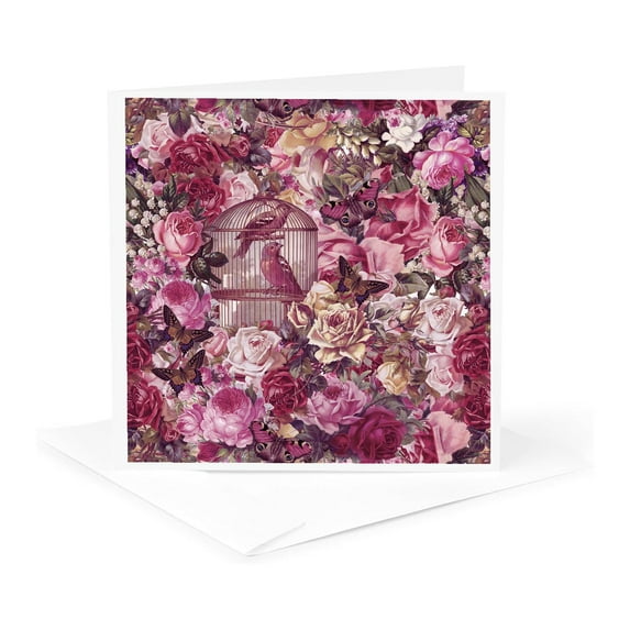 3drose, Romantic Rose Flower Pattern with Bird Cage in Pink, 1 Greeting Card with Envelope