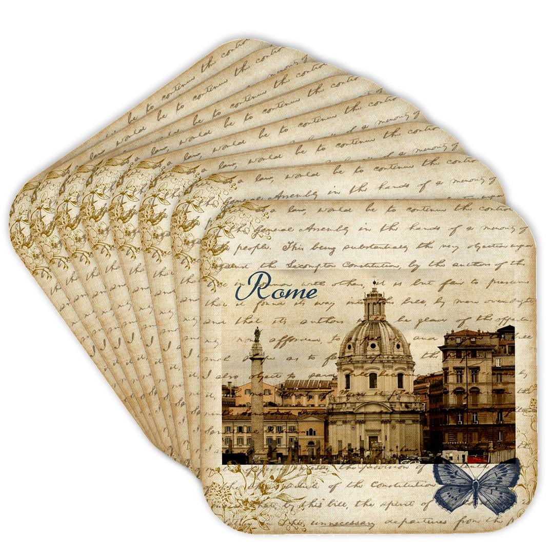 3dRose, Rome with script and butterfly- Italy, set of 8 Coasters - Soft ...