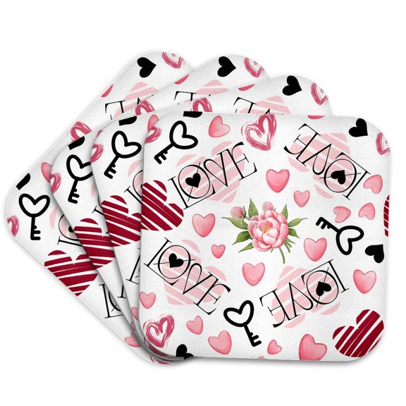 3drose, Rose Flower, Love Text, Keys, Hearts Valentines Day Pattern, Gift, Set of 4 Coasters - Soft