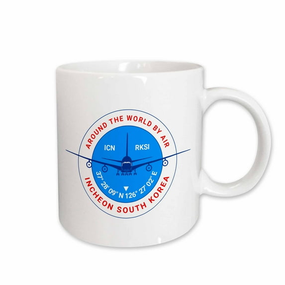 3drose, Round Badge, Blue Airliner. Red Text Incheon South Korea, Coordinates, 11oz Mug