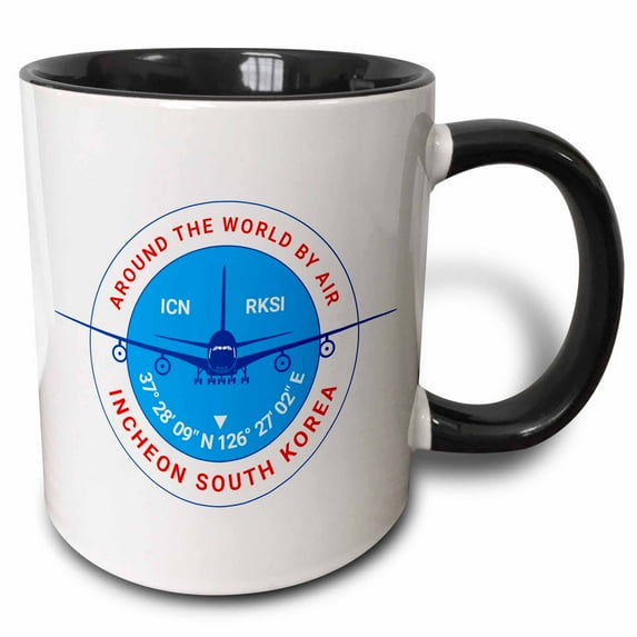 3drose, Round Badge, Blue Airliner. Red Text Incheon South Korea, Coordinates, 11oz Two-tone Black Mug