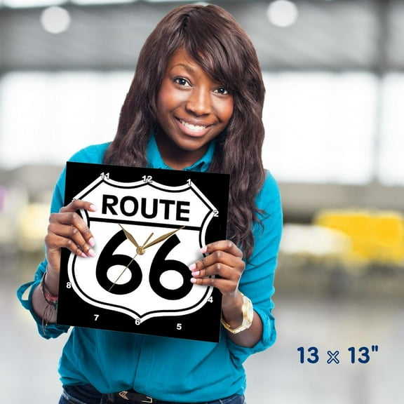 3dRose, Route 66, Black and White, 13x13 Wall Clock
