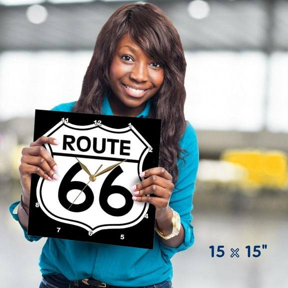 3dRose, Route 66, Black and White, 15x15 Wall Clock