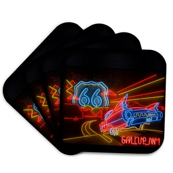 3dRose, Route 66 Neon sign - Gallup Chamber of Commerce - US32 TDR0060 - Trish Drury, Set of 4 Coasters - Soft