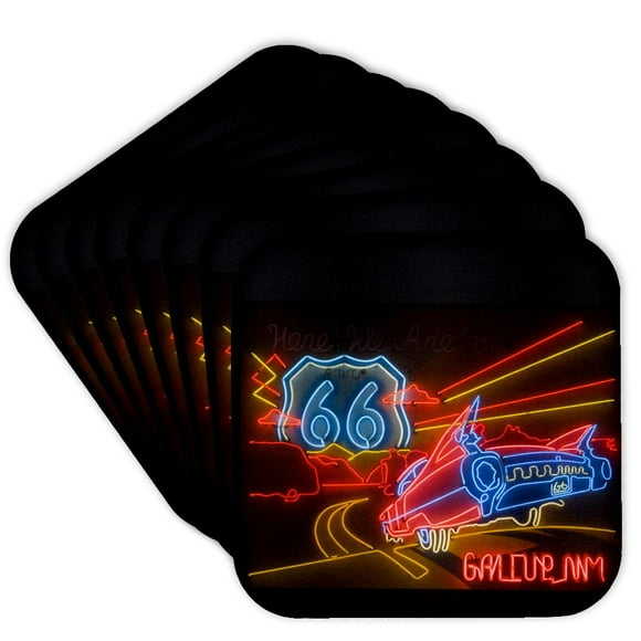 3dRose, Route 66 Neon sign - Gallup Chamber of Commerce - US32 TDR0060 - Trish Drury, Set of 8 Coasters - Soft