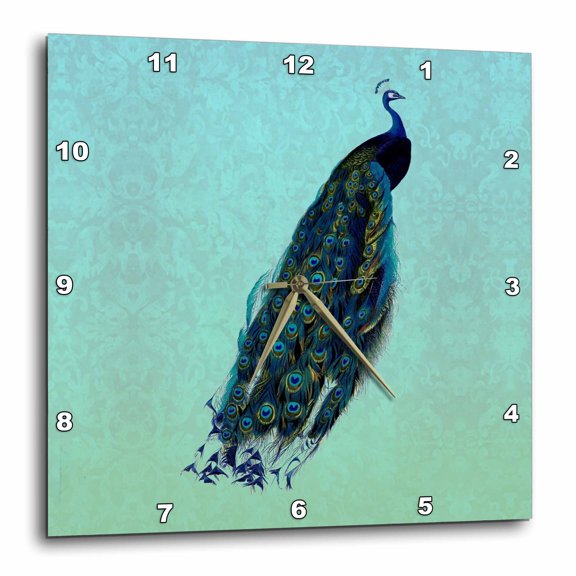 3drose, Royal Blue Peacock with Yellow Feathers on Turquoise Damask Background, 15x15 Wall Clock