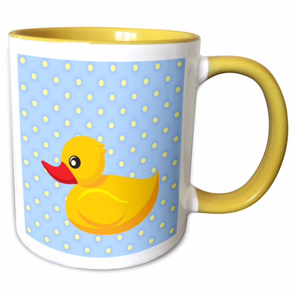 3drose, Rubber Ducky - Light Blue Polka Dots - Art for Children, 15oz Two-tone Yellow Mug