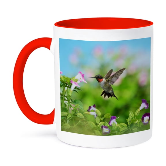 3dRose, Ruby throated Hummingbird male feeding, Hill Country, Texas, 11oz Two-Tone Red Mug
