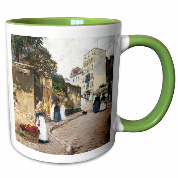 3drose, Rue Montmartre by Childe Hassam, 11oz Two-tone Green Mug