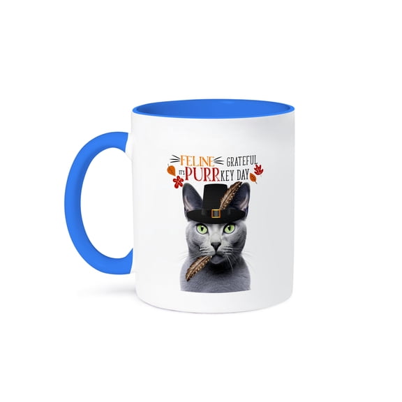 3dRose, Russian Blue Gray Cat in a Pilgrim Hat Funny Thanksgiving, 11oz Two-Tone Blue Mug