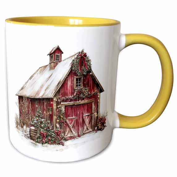 3drose, Rustic Red Christmas Barn, 15oz Two-tone Yellow Mug