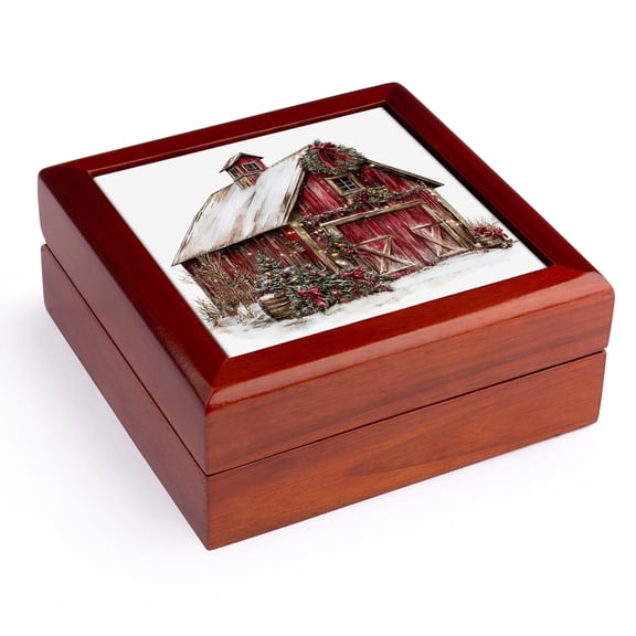 3dRose, Rustic Red Christmas Barn , Jewelry Box 5.5x5.5 inch with 4 inch tile