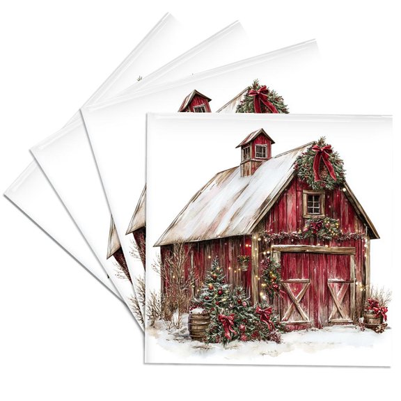 3drose, Rustic Red Christmas Barn, Set of 4 Ceramic Tile Coasters