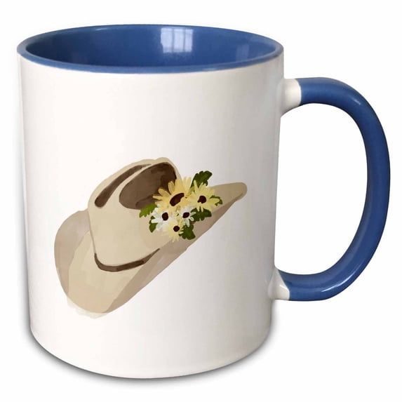 3drose, Rustic Watercolor Cowboy Hat Yellow Daisies, 15oz Two-tone Blue Mug