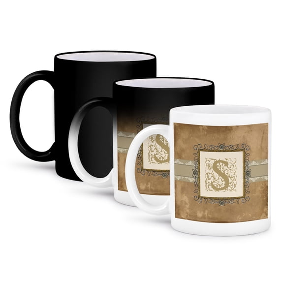 3dRose, S Initial Vintage Elegant Vines and Flowers in Sepia and Pewter Look, 11oz Magic Transforming Mug