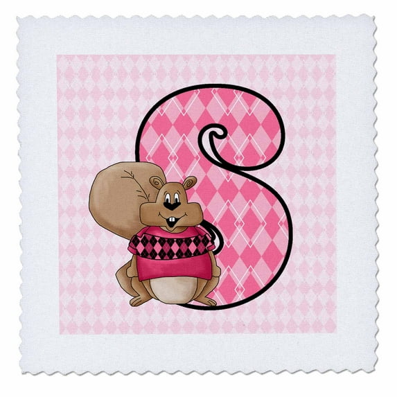 3dRose, S is for Squirrel in Pink for Girls Baby and Kids Monogram S in Argyle Prints, 8x8 inch quilt square