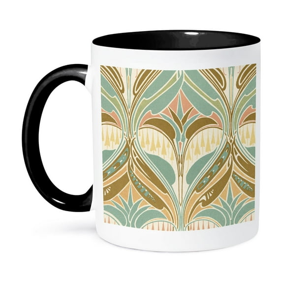 Sage Green Carnation Pink And Tan Ornate Vintage Art Nouveau Abstract Design, 11oz Two-Tone Black Mug