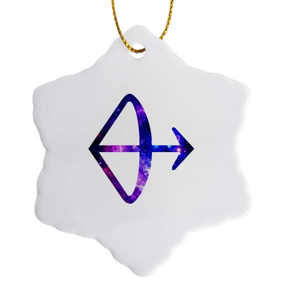 3drose, Sagittarius Bow and Arrow Horoscope Symbol - Purple Zodiac Star Sign, 3 inch Snowflake Porcelain Ornament
