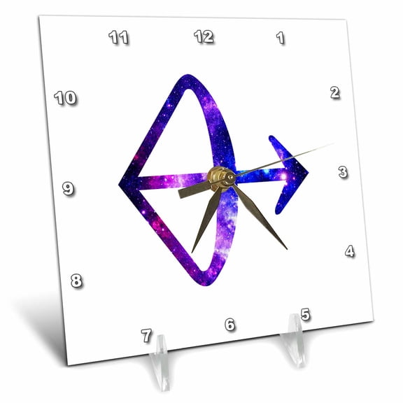 3dRose, Sagittarius bow and arrow horoscope symbol - purple zodiac star sign, 6x6 Desk Clock