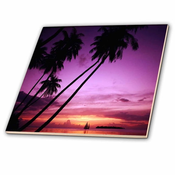 3dRose, Sailboat n Sunset In French Polynesia, 4 Inch Ceramic Tile