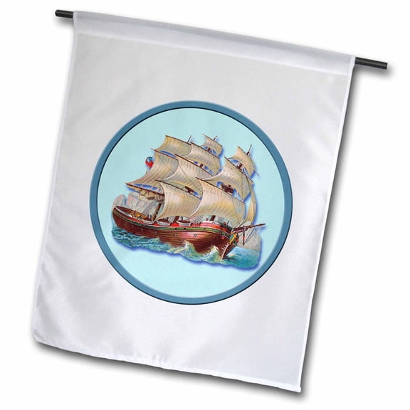 3dRose, Sailing Ship with Sails Raised in Rough Seas in a Blue Frame, 12 x 18 inch Garden Flag