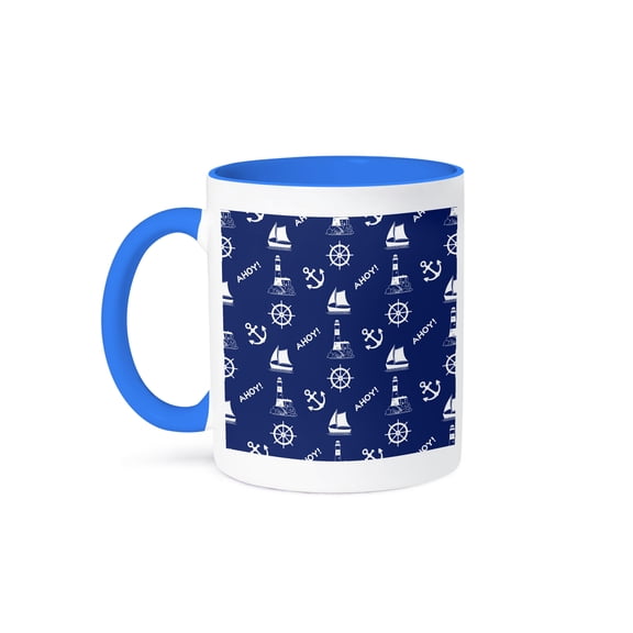 3dRose, Sailing White on Navy Blue Illustrative Pattern, 15oz Two-Tone Blue Mug