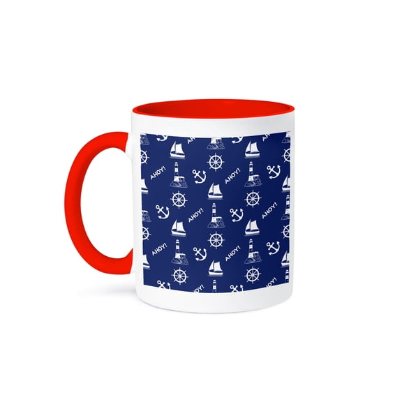 3dRose, Sailing White on Navy Blue Illustrative Pattern, 15oz Two-Tone Red Mug