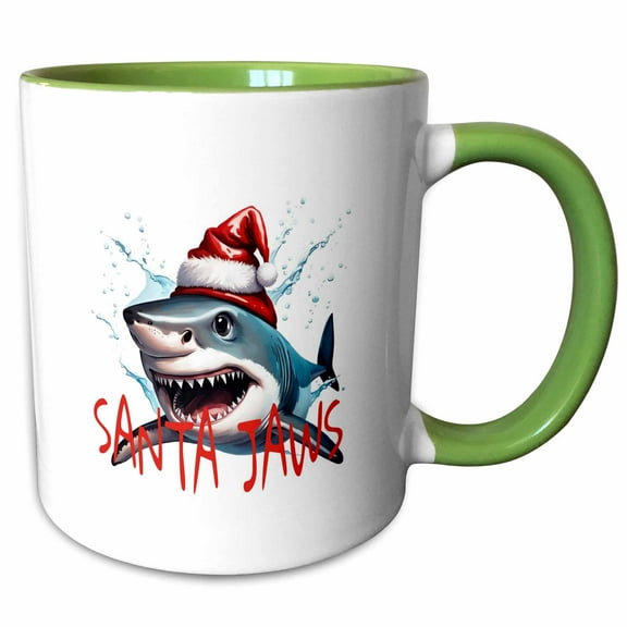 3drose, Santa Jaws Pun Quote Christmas Shark Cartoon Art, 11oz Two-tone Green Mug