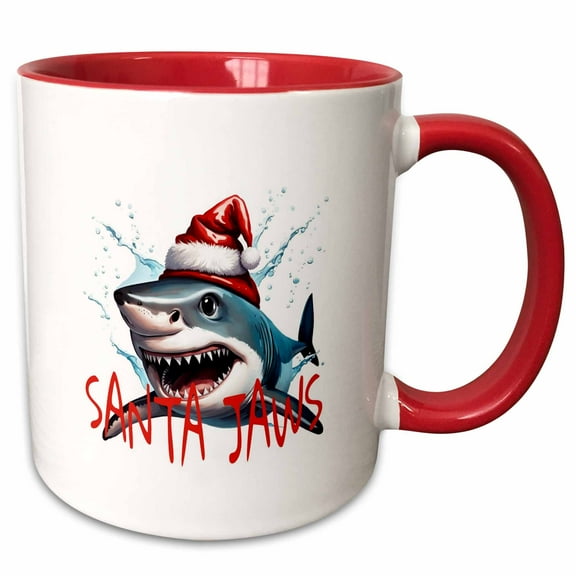 3drose, Santa Jaws Pun Quote Christmas Shark Cartoon Art, 15oz Two-tone Red Mug