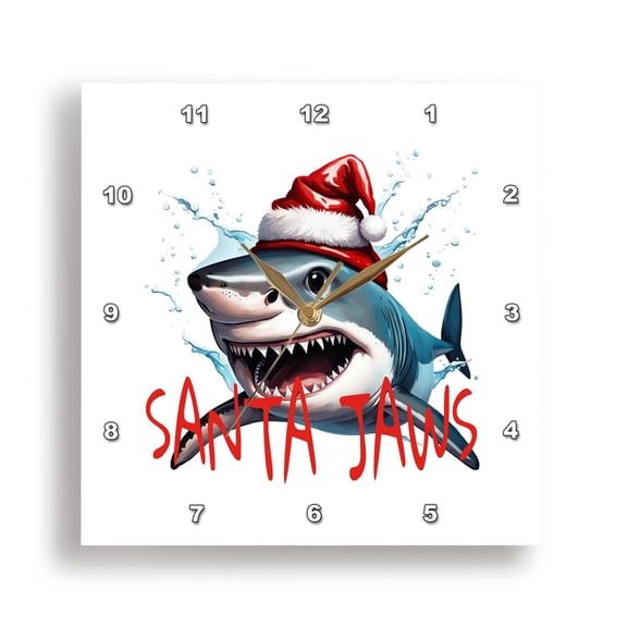 3dRose, Santa Jaws Pun Quote Christmas Shark Cartoon Art, 15x15 Wall Clock