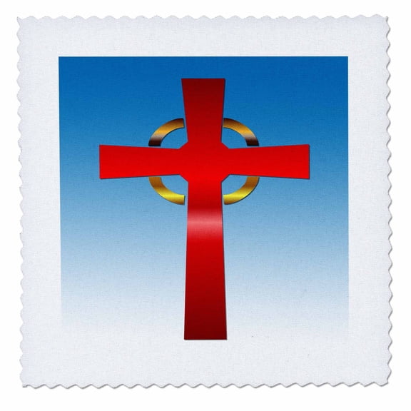 3dRose, Scarlet and gold celtic cross on a blue gradient background, 14x14 inch quilt square