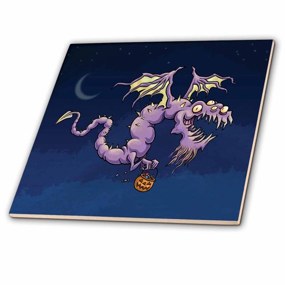 3dRose, Scary Halloween Flying Purple Dragon With Trick Or Treat Pumpkin, 6 Inch Ceramic Tile