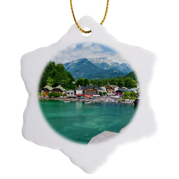 3drose, Schoenau Village at Lake Koenigssee. Berchtesgaden, Bavaria, Germany., 3 inch Snowflake Porcelain Ornament