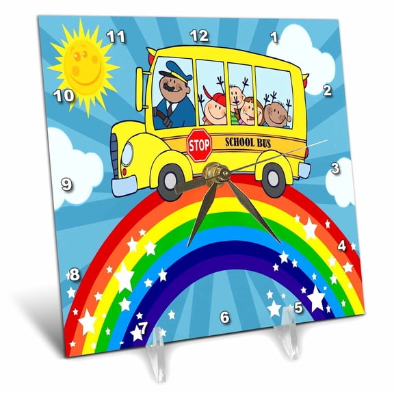 3dRose, School bus rainbow art cute bus riding atop a rainbow in the sunshine, 6x6 Desk Clock