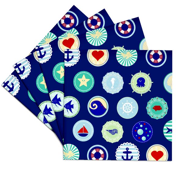 3dRose, Sea Blue nautical decor pattern - sailor ocean theme with boat fish anchors and aquatic marine life, Set of 4 Ceramic Tile Coasters