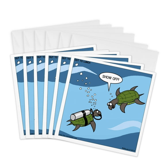 3drose, Sea Turtle Scuba Showing Off Underwater, 6 Greeting Cards with Envelopes