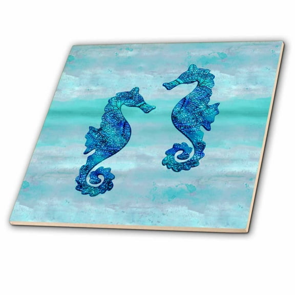 3dRose, Seahorses couple blue ink, 12 Inch Ceramic Tile