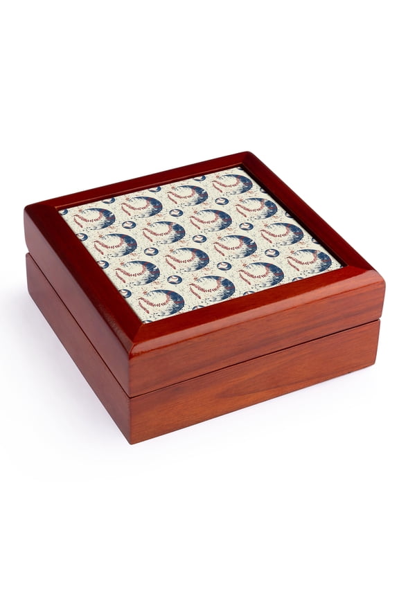 , Seamless pattern of large and small baseball balls on beige male gift, Jewelry Box 5.5x5.5 inch with 4 inch tile