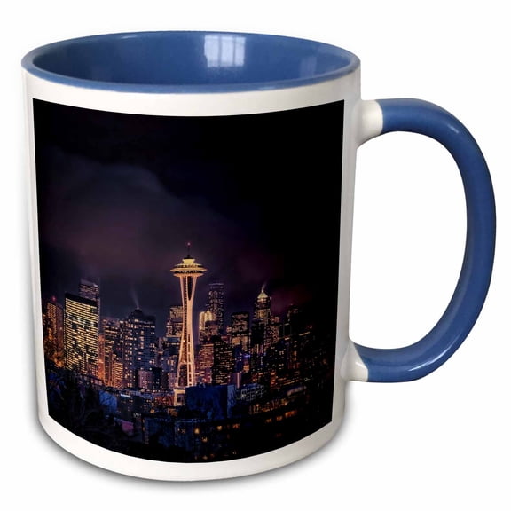 3drose, Seattle Skyline at Night, 15oz Two-tone Blue Mug
