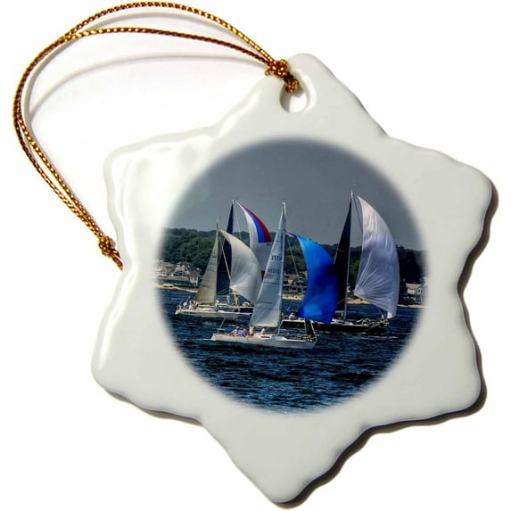 3drose, Several Sailboats Racing,, 3 inch Snowflake Porcelain Ornament