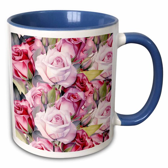 3drose, Shades of Pink Roses Pattern, 11oz Two-tone Blue Mug