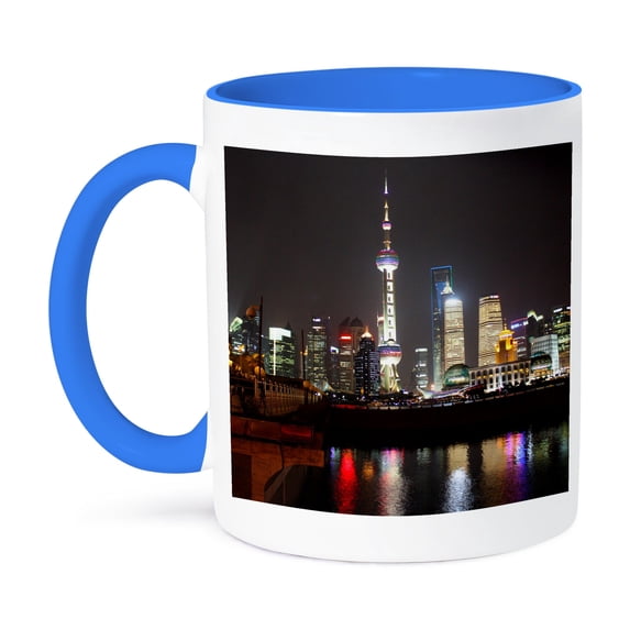 3dRose, Shanghai Skyline at night with reflections, Shanghai, China, 11oz Two-Tone Blue Mug