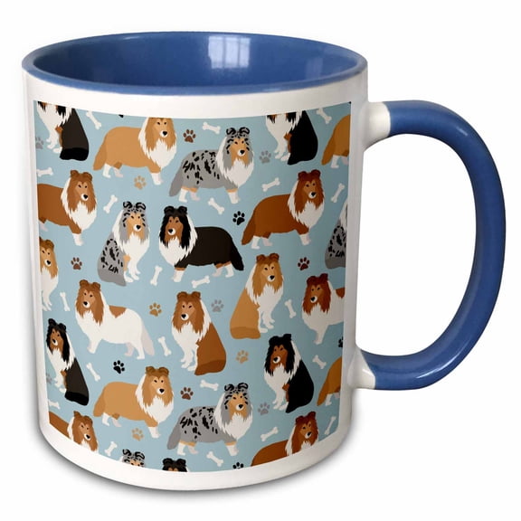 3drose, Sheltie Shetland Sheepdog Paws and Bones Dog Pattern, 11oz Two-tone Blue Mug