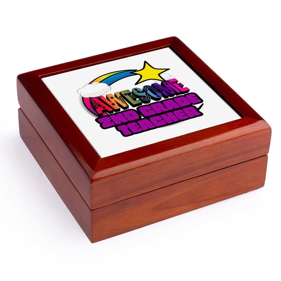 3dRose, Shooting Star Rainbow Awesome 2nd Grade Teacher, Jewelry Box 5.5x5.5 inch with 4 inch tile
